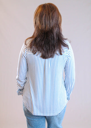 Blu Pepper Striped Button Down Shirt with Long Sleeves blue back view - Fashion Crossroads Inc. 