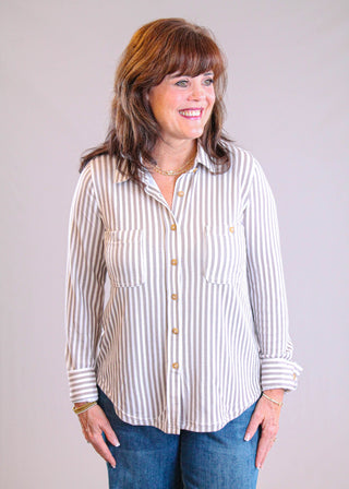 Blu Pepper Striped Button Down Shirt with Long Sleeves mocha view - Fashion Crossroads Inc. 