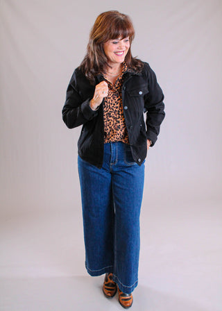 Democracy Lantern Sleeve Button Down Top with Crochet Collar styled view - Fashion Crossroads Inc.