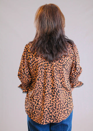 Democracy Lantern Sleeve Button Down Top with Crochet Collar back view - Fashion Crossroads Inc.