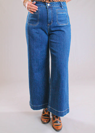 Charlie B Patch Pocket Cropped Flare Jean front view - Fashion Crossroads Inc.