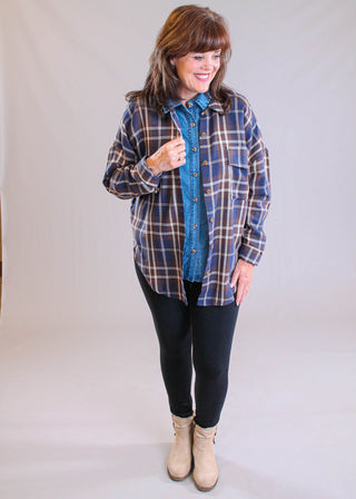 Blu Pepper Long Sleeve Button Down Plaid Shirt modeled view - Fashion Crossroads Inc.