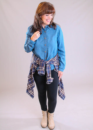 Blu Pepper 3/4 Roll Tab Sleeve Chambray Blouse styled view - Fashion Crossroads Inc.