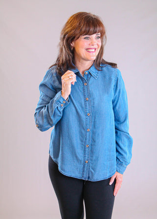 Blu Pepper 3/4 Roll Tab Sleeve Chambray Blouse front view - Fashion Crossroads Inc.