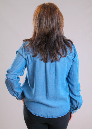 Blu Pepper 3/4 Roll Tab Sleeve Chambray Blouse back view - Fashion Crossroads Inc.