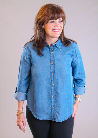 Blu Pepper 3/4 Roll Tab Sleeve Chambray Blouse front view - Fashion Crossroads Inc.