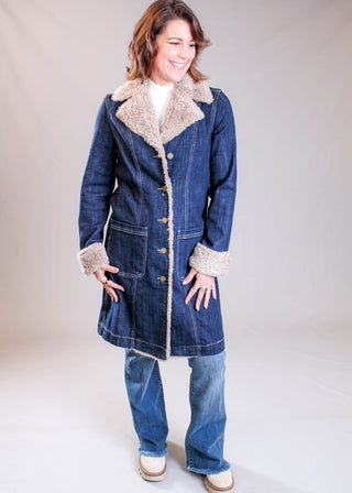 Liverpool Sherpa Trimmed Long Denim Coat