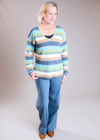 Tribal Sportswear Comfort Stretch Wide Leg Jean modeled in Slate Blue - Fashion Crossroads Inc.
