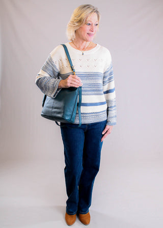 Tribal Sportswear Color Block Bell Sleeve Boat Neck Sweater modeled view - Fashion Crossroads Inc.