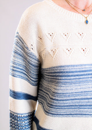 Tribal Sportswear Color Block Bell Sleeve Boat Neck Sweater shoulder view - Fashion Crossroads Inc.