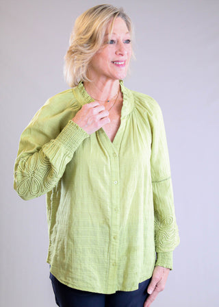 Tribal Sportswear Notch Neck Blouse with Jaquard Applique Sleeve front view - Fashion Crossroads