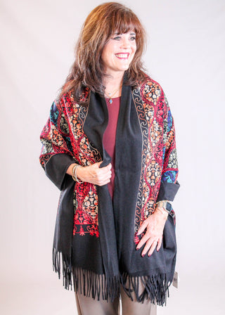 Embroidered Floral Fashion Scarf with Fringe