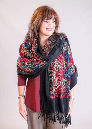 Embroidered Floral Fashion Scarf with Fringe