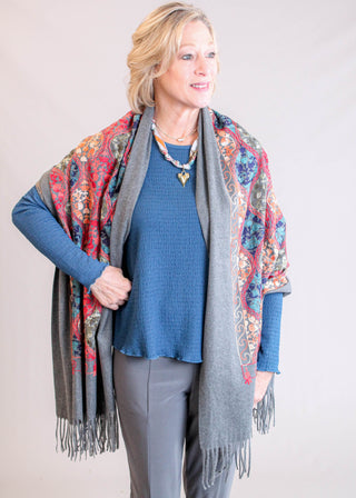 Embroidered Floral Fashion Scarf with Fringe