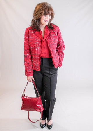 Liverpool Long Sleeve Woven Blouse modeled view - Fashion Crossroads Inc.