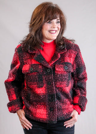 Liverpool Button Front Boxy Shacket buttoned view - Fashion Crossroads Inc.