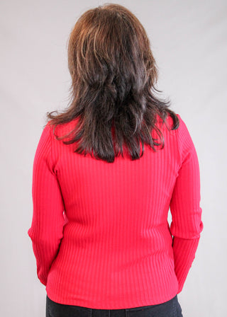 Liverpool Long Sleeve Mock Neck Top Red back view - Fashion Crossroads Inc.