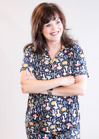 Hello Mello Short Sleeve Button Down Pajama Top with Mushrooms Front View - Fashion Crossroads Inc