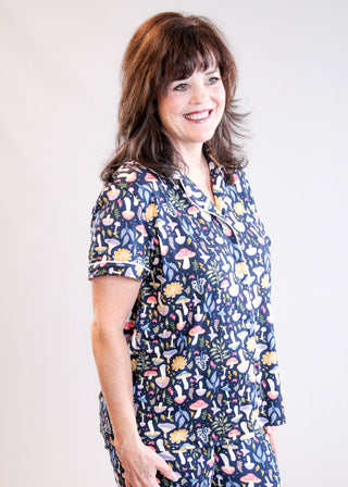 Hello Mello Short Sleeve Button Down Pajama Top with Mushrooms Side View - Fashion Crossroads Inc