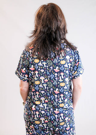 Hello Mello Short Sleeve Button Down Pajama Top with Mushrooms Back View - Fashion Crossroads Inc
