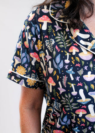 Hello Mello Short Sleeve Button Down Pajama Top with Mushrooms Detail View - Fashion Crossroads Inc
