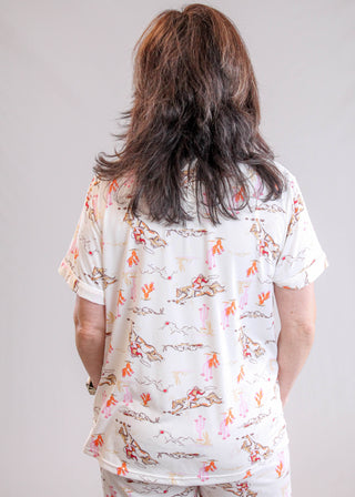 Hello Mello Short Sleeve Button Down Pajama Top with Cowgirls Back View - Fashion Crossroads Inc