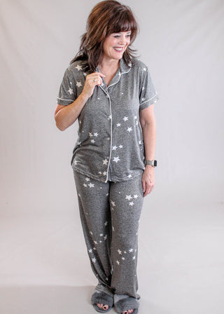 Hello Mello Drawstring Waist Pajama Pants with Stars Model View - Fashion Crossroads Inc