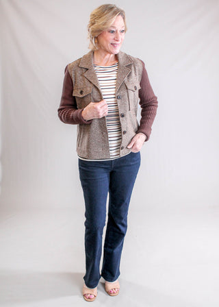 Liverpool Shacket with Seater Sleeves Model View - Fashion Crossroads Inc