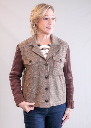 Liverpool Shacket with Sweater Sleeves Front View - Fashion Crossroads Inc