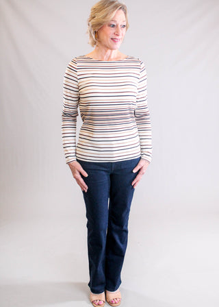 Liverpool Long Sleeve Boat Neck Top with Stripes Front View - Fashion Crossroads Inc
