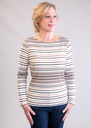 Liverpool Long Sleeve Boat Neck Top with Stripes Front View - Fashion Crossroads Inc