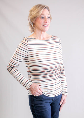 Liverpool Long Sleeve Boat Neck Top with Stripes Side View - Fashion Crossroads Inc