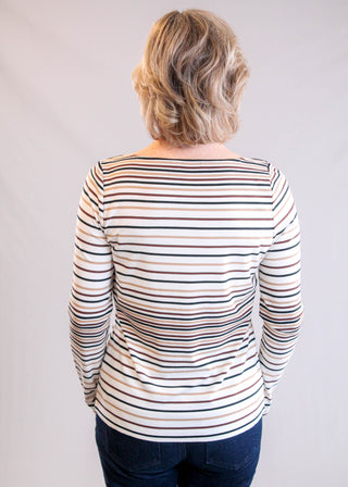 Liverpool Long Sleeve Boat Neck Top with Stripes Back View - Fashion Crossroads Inc