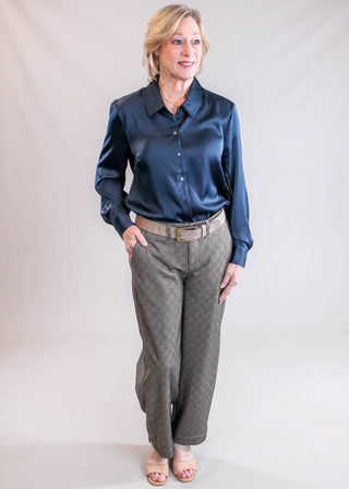 Liverpool Satin Long Sleeve Blouse Model View - Fashion Crossroads Inc