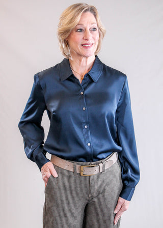 Liverpool Long Sleeve Button Front Satin Blouse Front View - Fashion Crossroads Inc