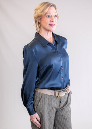 Liverpool Long Sleeve Button Front Satin Blouse Side View - Fashion Crossroads Inc