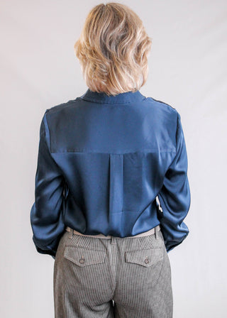 Liverpool Long Sleeve Button Front Satin Blouse Back View - Fashion Crossroads Inc