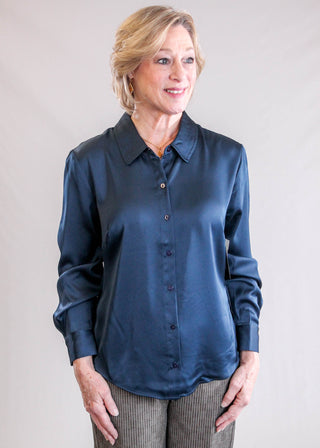 Liverpool Long Sleeve Button Front Satin Blouse Front View - Fashion Crossroads Inc