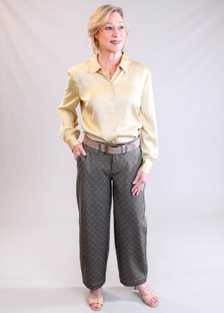 Liverpool Satin Long Sleeve Blouse Model View - Fashion Crossroads Inc