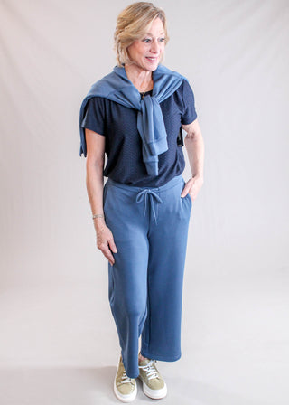 Liverpool Short Sleeve Textured Crew Neck Top Model View - Fashion Crossroads Inc