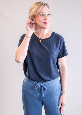 Liverpool Short Sleeve Textured Crew Neck Top Front View - Fashion Crossroads Inc