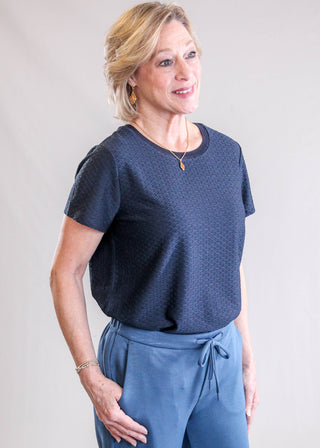 Liverpool Short Sleeve Textured Crew Neck Top Side View - Fashion Crossroads Inc