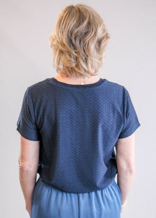 Liverpool Short Sleeve Textured Crew Neck Top Back View - Fashion Crossroads Inc