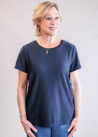 Liverpool Short Sleeve Textured Crew Neck Top Front View - Fashion Crossroads Inc