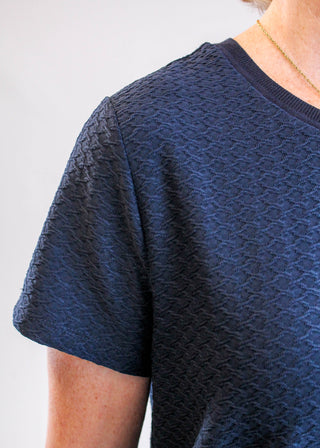 Liverpool Short Sleeve Textured Crew Neck Top Detail View - Fashion Crossroads Inc