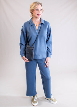 Liverpool V Neck Popover Top with Long Sleeves Model View - Fashion Crossroads Inc