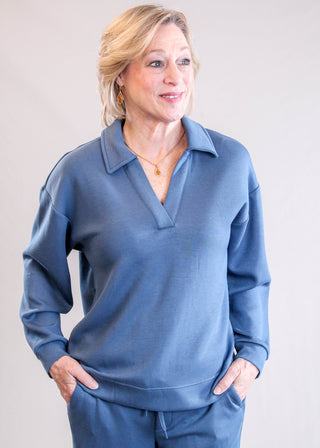 Liverpool V Neck Popover Top with Long Sleeves Front View - Fashion Crossroads Inc