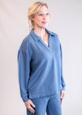 Liverpool V Neck Popover Top with Long Sleeves Side View - Fashion Crossroads Inc
