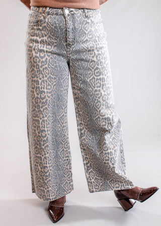 Easel Animal Print Washed Denim Wide Leg Jean Front View - Fashion Crossroads Inc