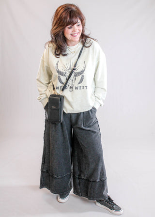 Easel Mineral Wash Wide Leg Cotton Pant Model View - fashion Crossroads Inc